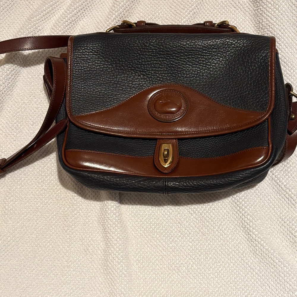 Dooney & Bourke dark navy and Brown Pebbled Leather Shoulder Bag